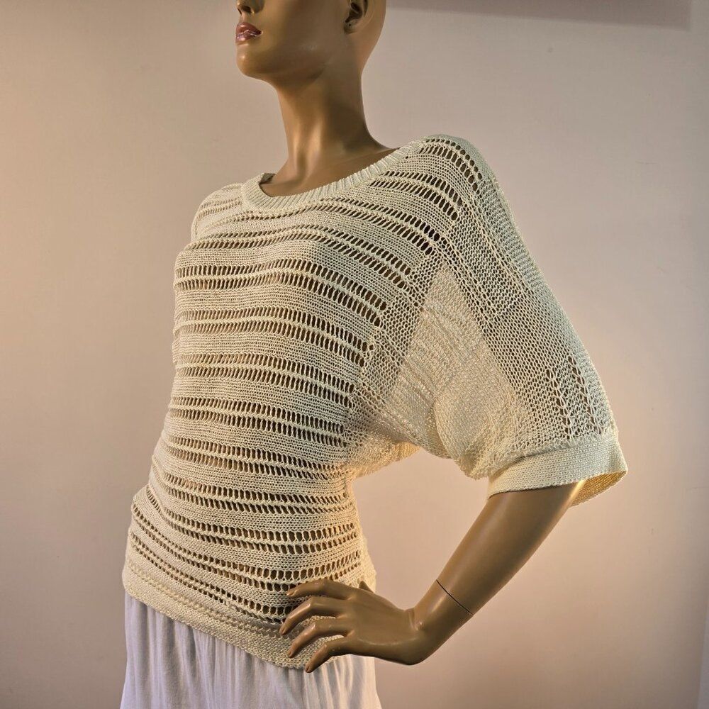 Cable And Gauge Women Boho TopโSz S/M Dolman Sleeve Crochet Open Knit Pullover